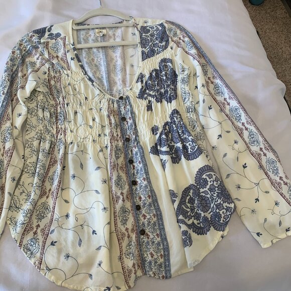 O'Neil Ladies Small Cream and Blue Boho Long Sleeve Top - Picture 6 of 10